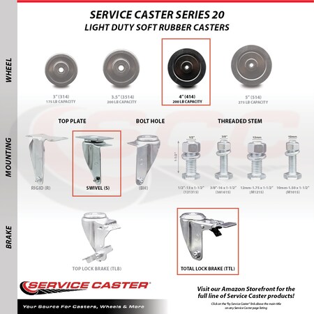 Service Caster 4 Inch SS Soft Rubber Wheel Swivel Top Plate Caster Set Total Lock Brake SCC SCC-SSTTL20S414-SRS-4